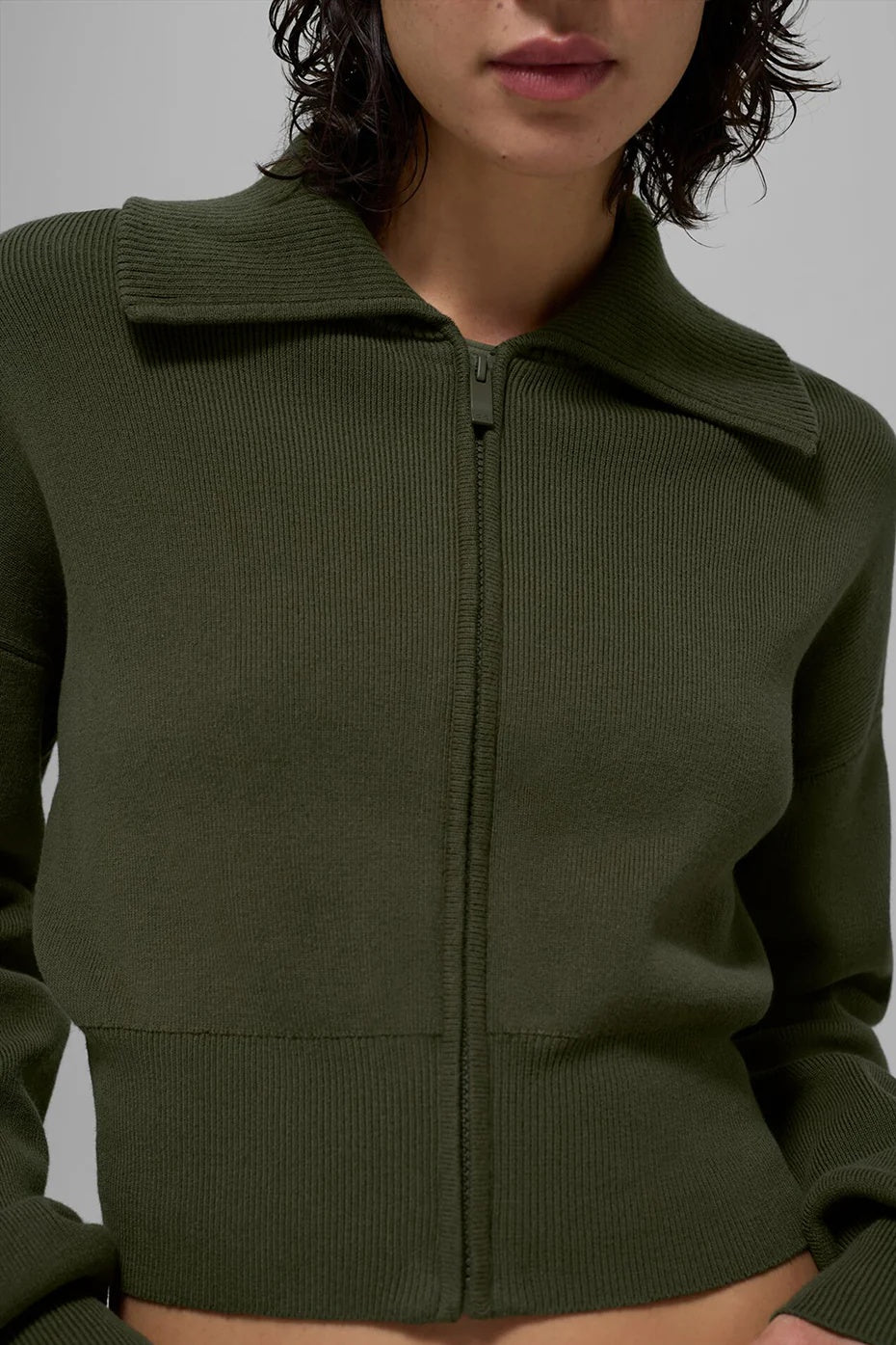 Scholar Knit Cropped Full Zip Jacket - Green Olive