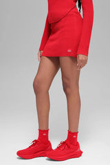 Denim Knit High-Waist Skirt - Bright Red