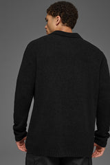 Textured Knit Long Sleeve Polo - Black
