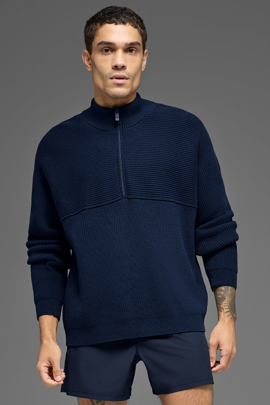 Domain Shift Rib Knit 1/4 Zip Sweater - Navy