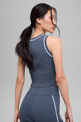 Ribbed Sweater Knit Highline Cropped Tank - Bluestone/White