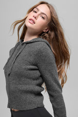 Wool Cashmere Ribbed Noble Full Zip Hoodie - Platinum Grey