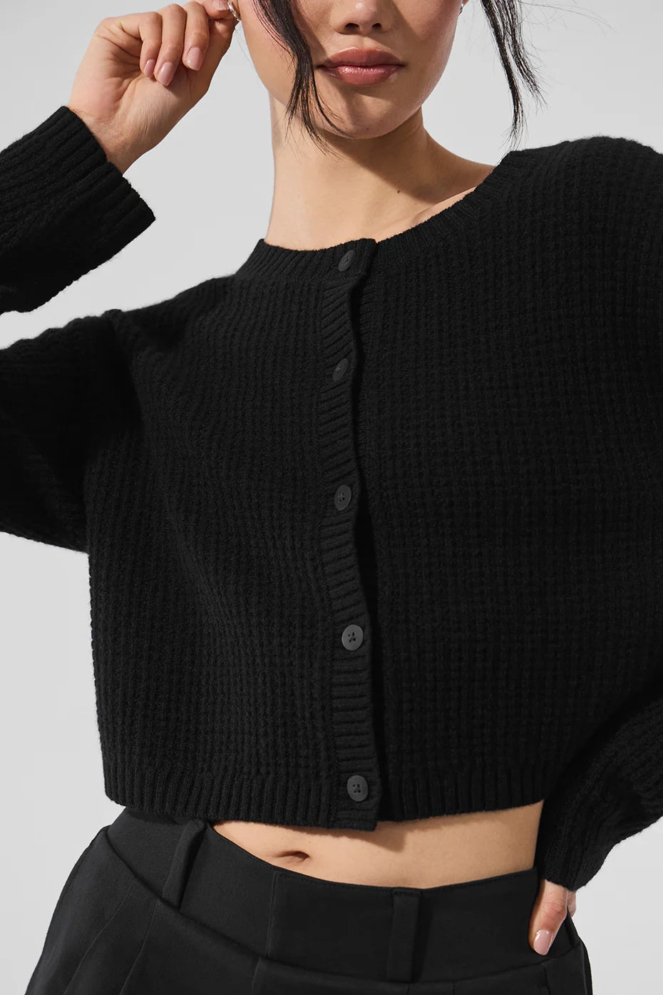 Cashmere Plush Waffle Cardigan - Black