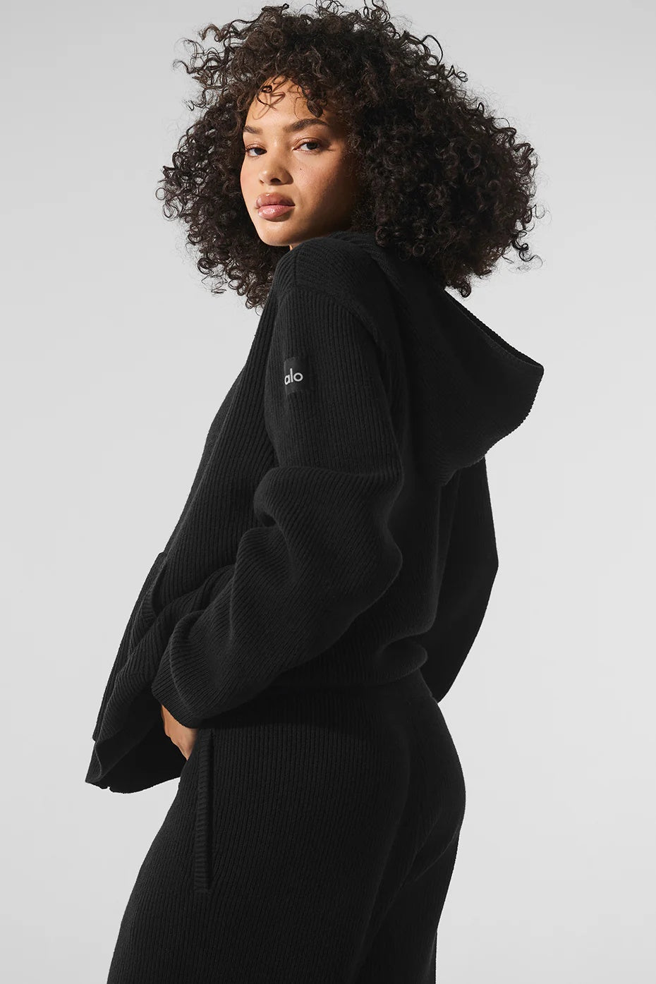 Domain Rib Knit Full Zip Sweater - Black