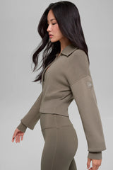 Scholar Knit Cropped Full Zip Jacket - Light Cocoa