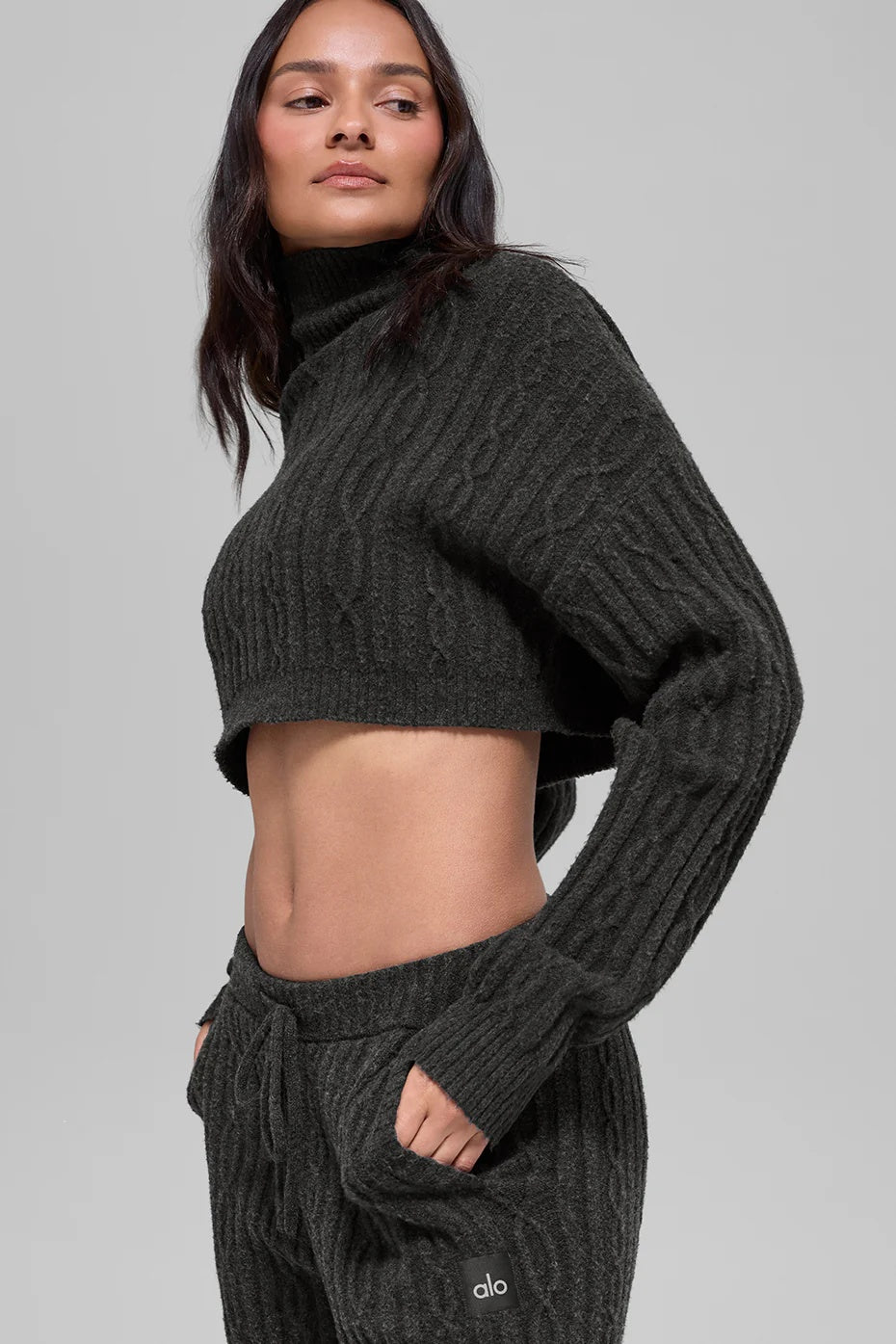 Cable Knit Cropped Winter Bliss Turtleneck Long Sleeve - Dark Heather Grey