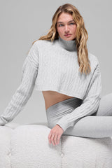 Cable Knit Cropped Winter Bliss Turtleneck Long Sleeve - Athletic Heather Grey