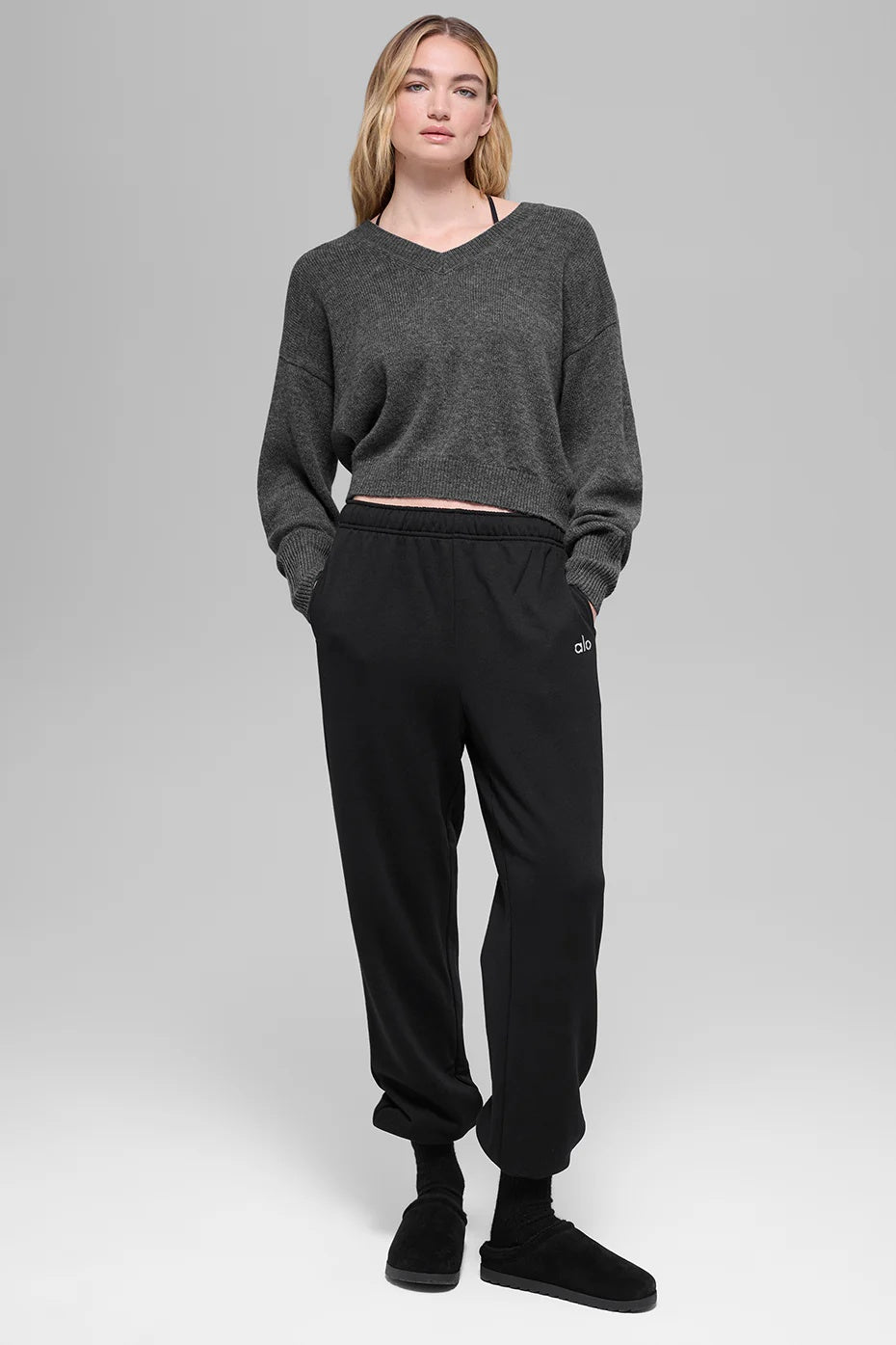 Wool Cashmere Cropped New Class V-Neck Sweater - Platinum Grey