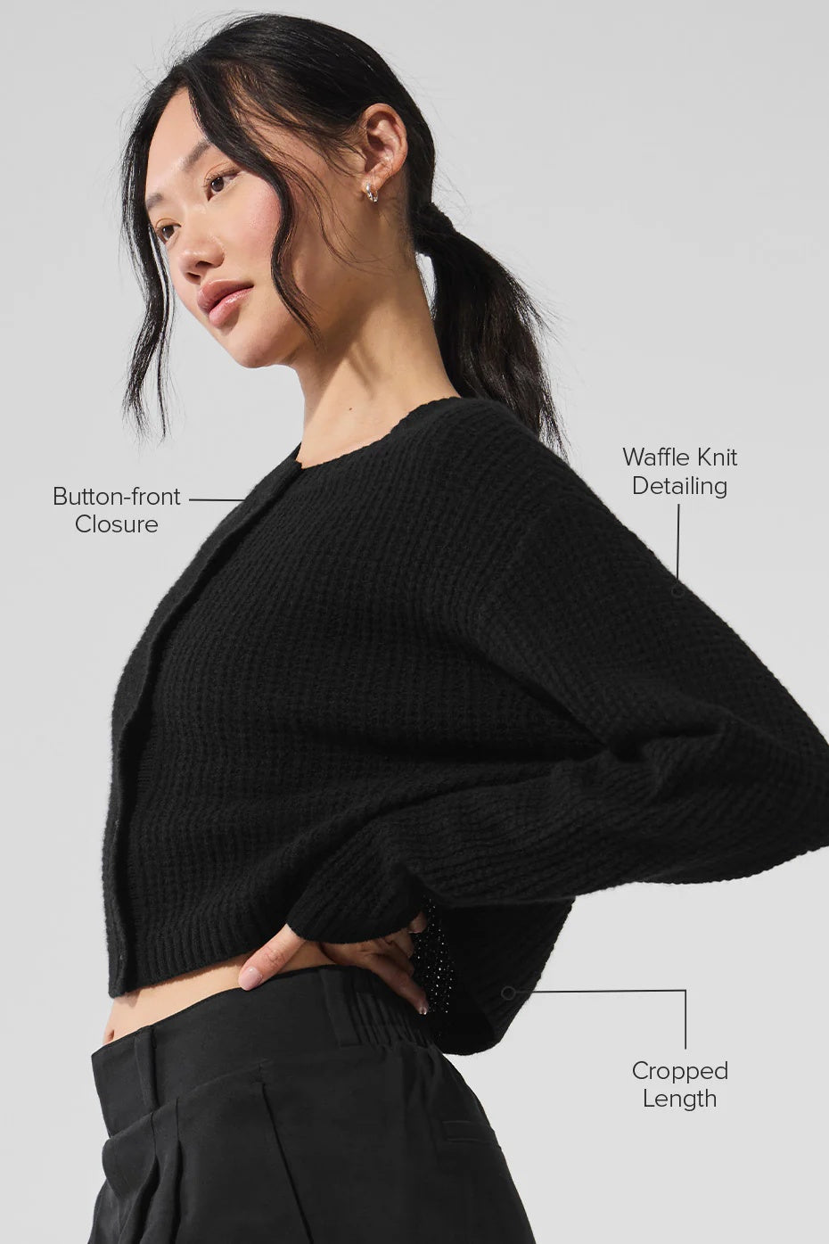 Cashmere Plush Waffle Cardigan - Black