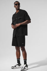 Sports Club Sweater Knit Short Sleeve Button Up - Black
