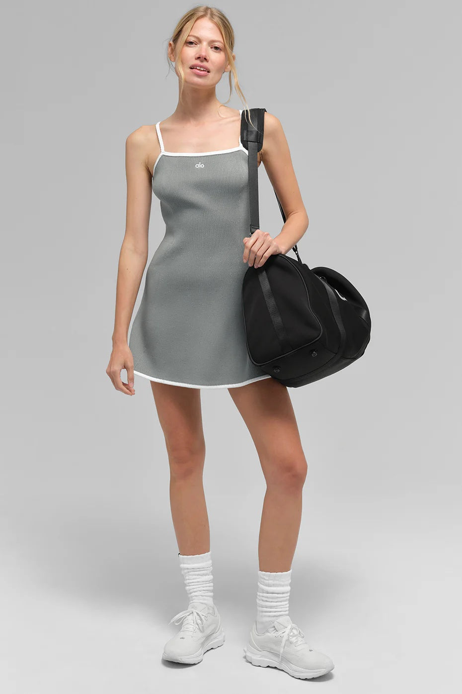 Ribbed Sweater Knit Highline Dress - Lunar Grey/White