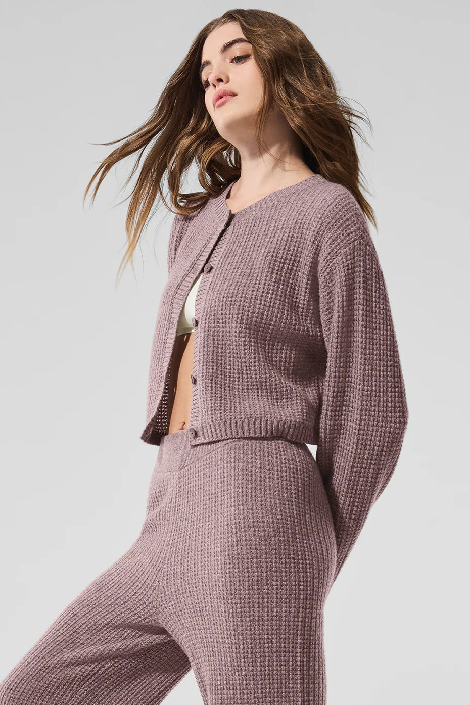 Cashmere Plush Waffle Cardigan - Mushroom Heather