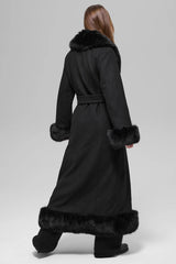 Faux Fur Trimmed Longline Coat - Black
