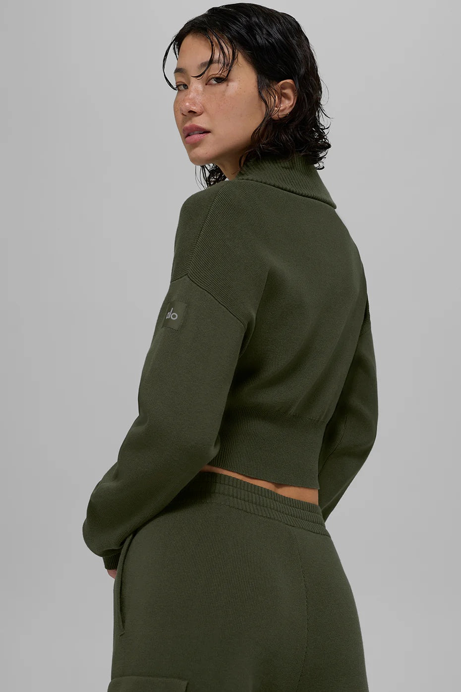 Scholar Knit Cropped Full Zip Jacket - Green Olive