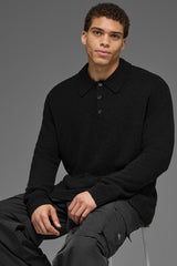 Textured Knit Long Sleeve Polo - Black