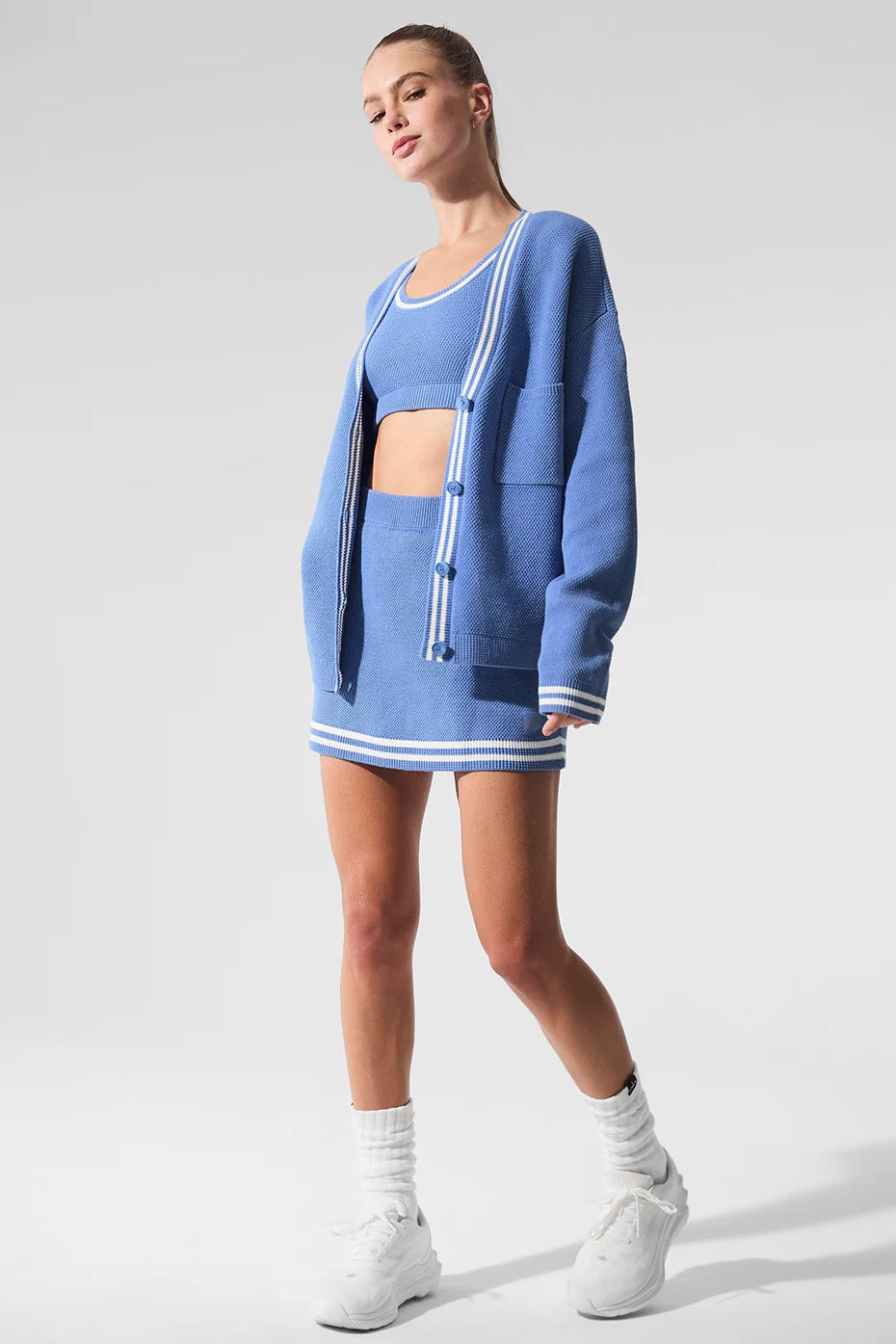 Tennis Club Sweater Knit Cardigan - Crystal Clear Blue/White