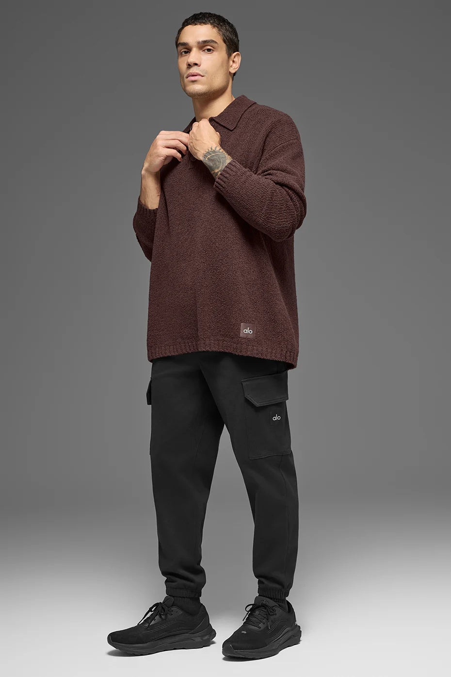 Textured Knit Long Sleeve Polo - Brownstone