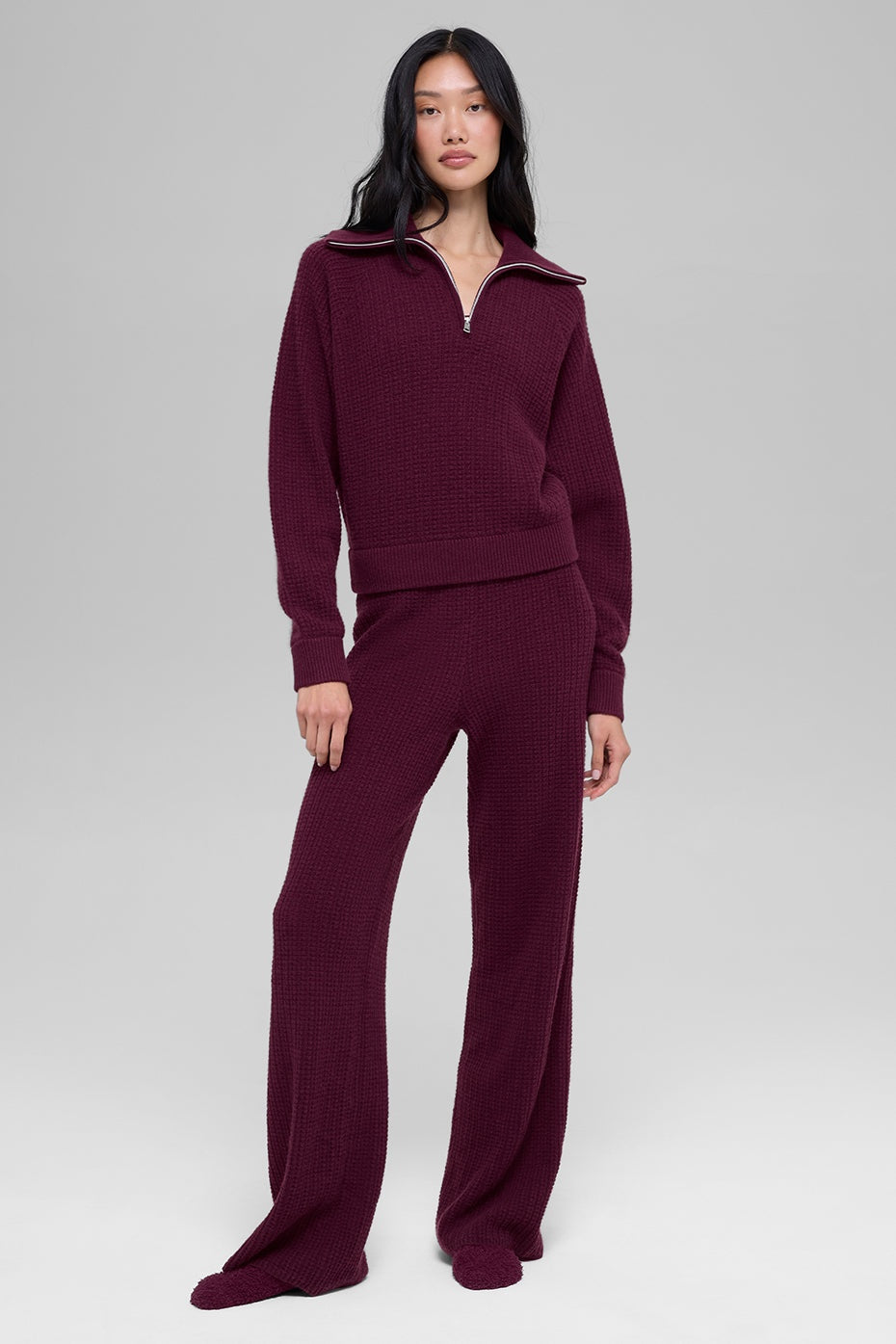 Cashmere Plush Waffle 1/4 Zip Pullover - Burgundy