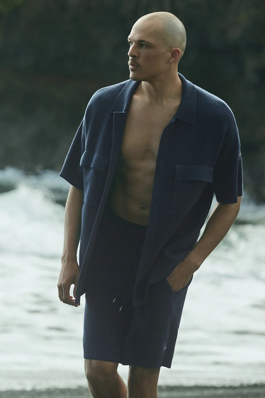 Sports Club Sweater Knit Short Sleeve Button Up - Navy