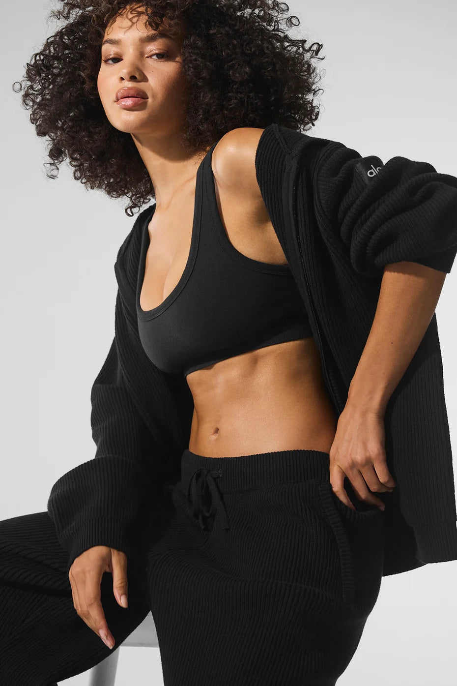 Domain Rib Knit Full Zip Sweater - Black