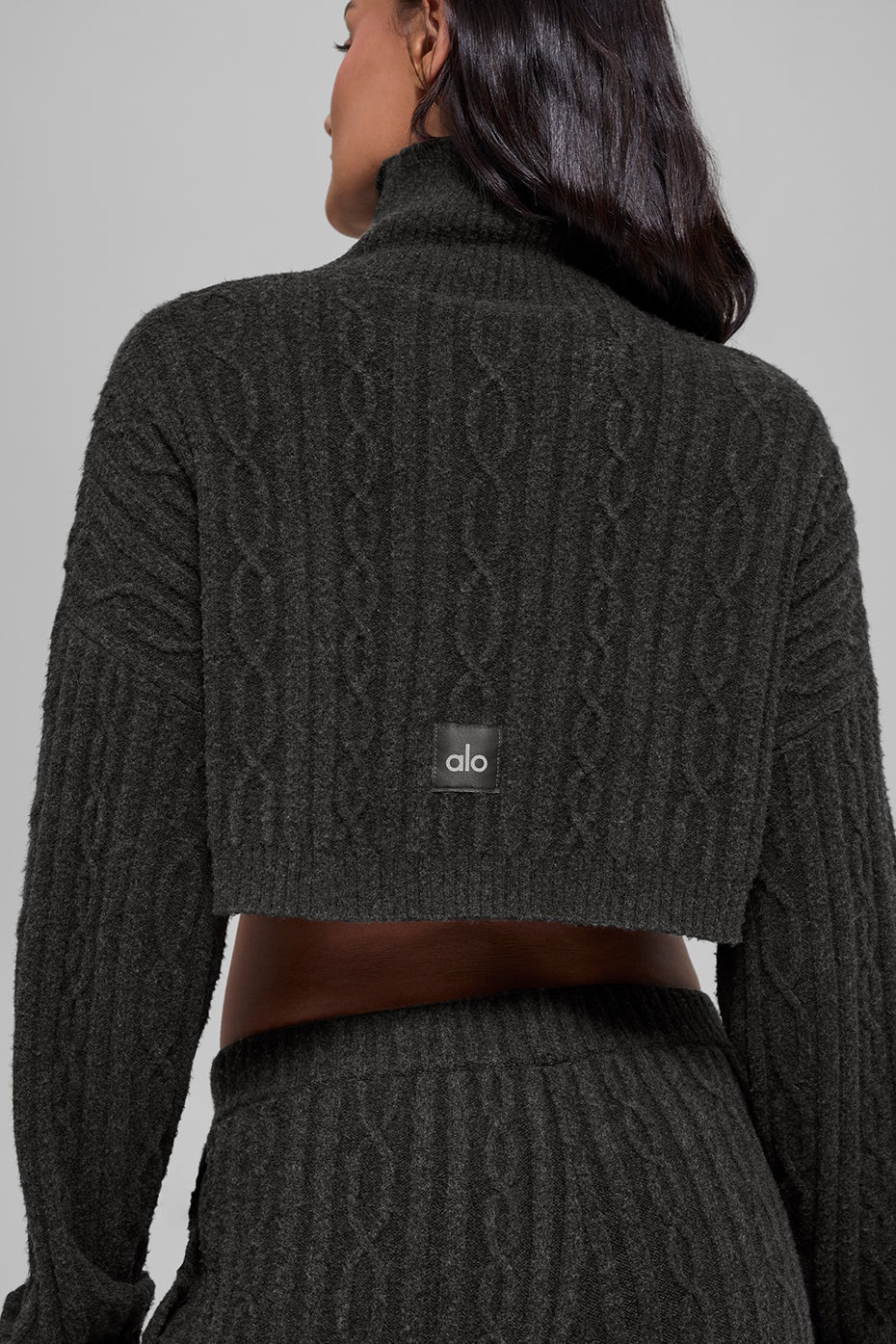 Cable Knit Cropped Winter Bliss Turtleneck Long Sleeve - Dark Heather Grey