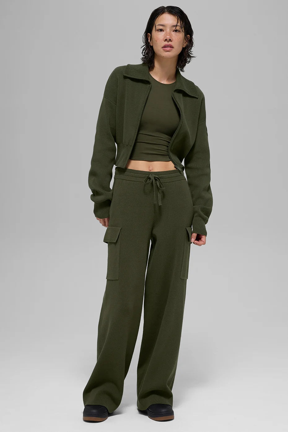 Scholar Knit Cropped Full Zip Jacket - Green Olive