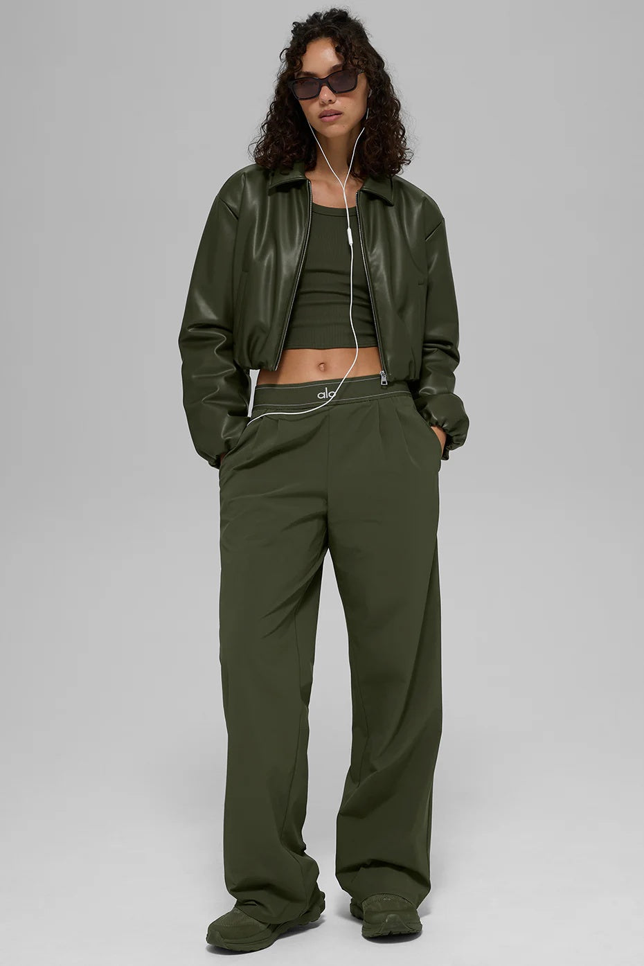 Faux Leather Cropped Premier Bomber - Green Olive